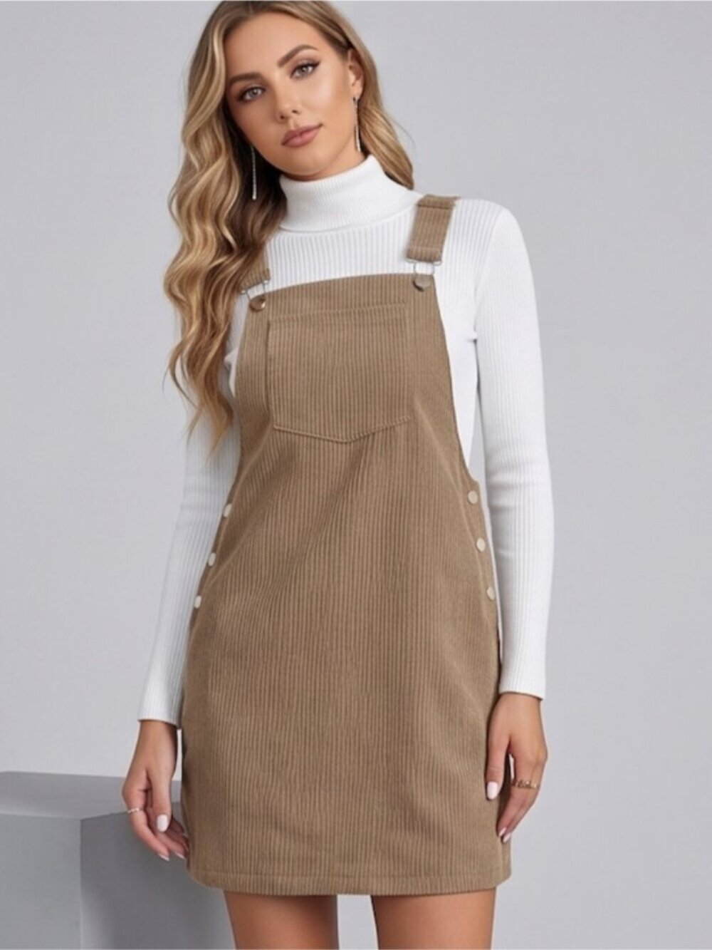 Brown Pocket Patched Corduroy Overall Dress - Picture 5 of 6
